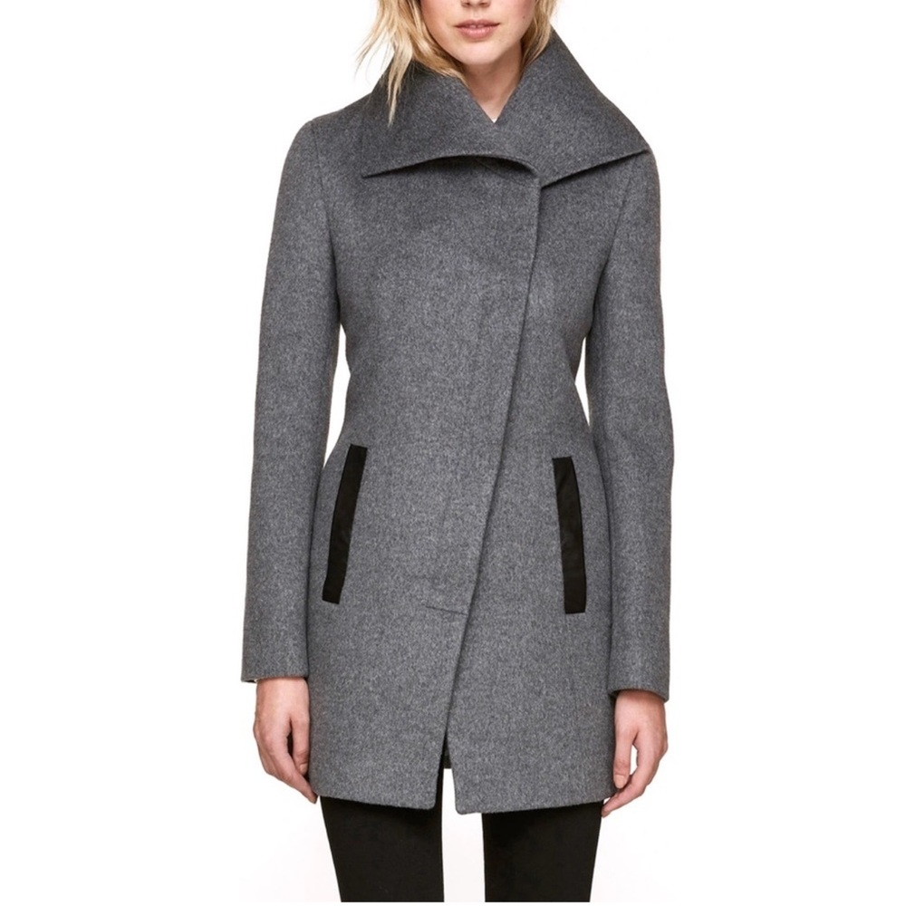 Soia & Kyo Women's Gray Wool Blend Asymmetrical Coat with Black Trim